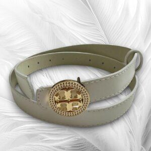 New Stylish White Belt with Gold Round Buckle – Fashion Accessory